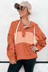 Waffle Knit Stripe Patchwork Henley Drawstring Hood Drop Shoulder Long Sleeve Top